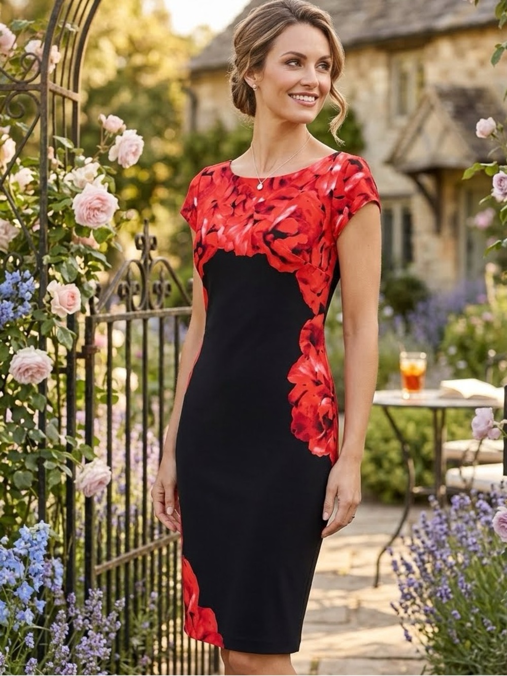 Cache Floral Red Rose and Black Cap Sleeve Dress
